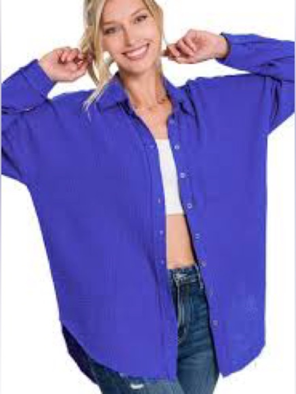 Zenana Double Gauze Oversized Raw Edge Button Down Top in Royal Blue Sz M